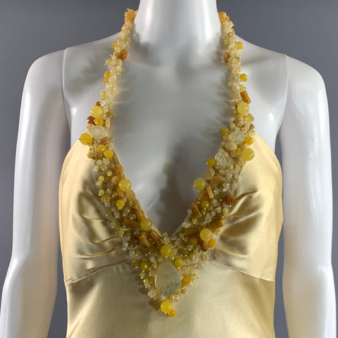 MONIQUE LHUILLIER Size 12 Yellow Silk Beaded Open back Gown Evening Dress