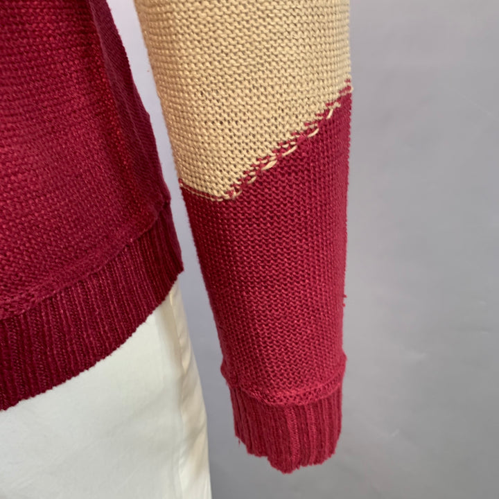 RODARTE for OPENING CEREMONY Size L Beige Red Knit Linen V-Neck Sweater