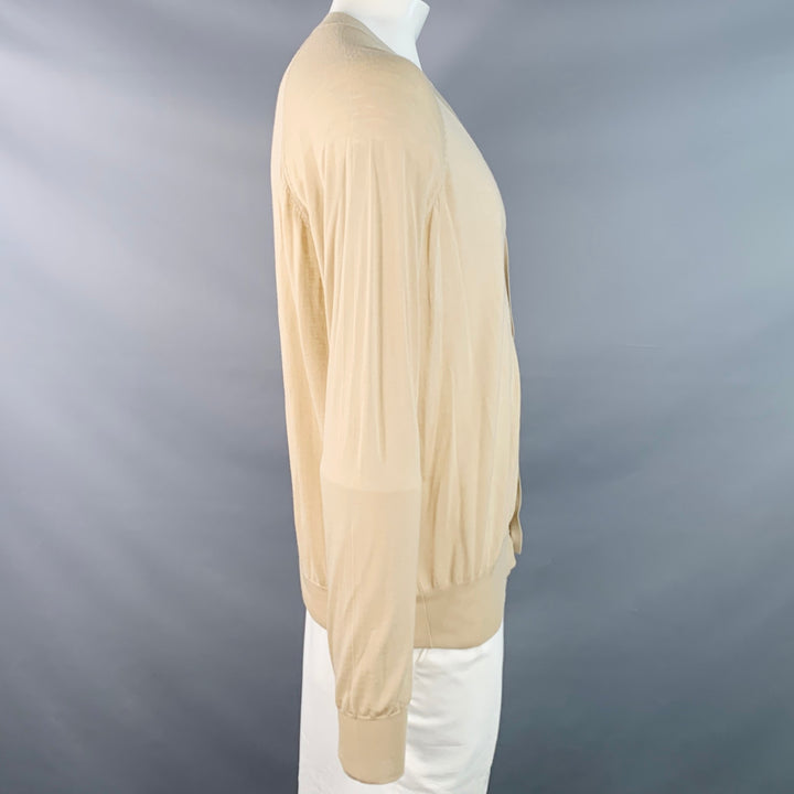 PRADA Size L Beige Virgin Wool Sheer Knit V-Neck Cardigan