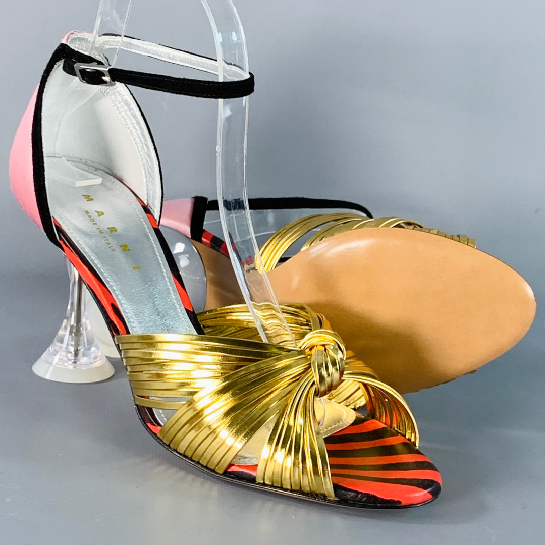 MARNI Size 9 Gold Pink Satin Leather Ankle Strap Stiletto Heels Sandals