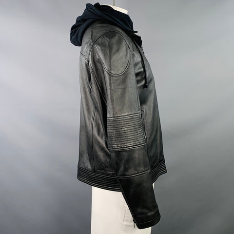 WEST COAST LEATHER Size L Racer Black Lambskin Leather Hooded Zip Up Jacket