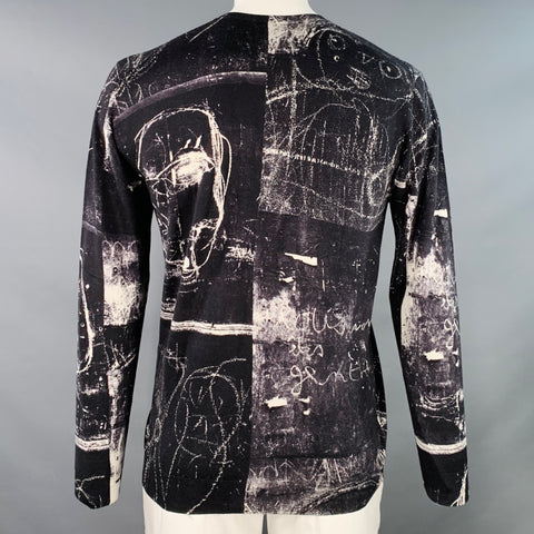ALEXANDER MCQUEEN Size L Black White Marbled Wool Silk Crew-Neck Pullover