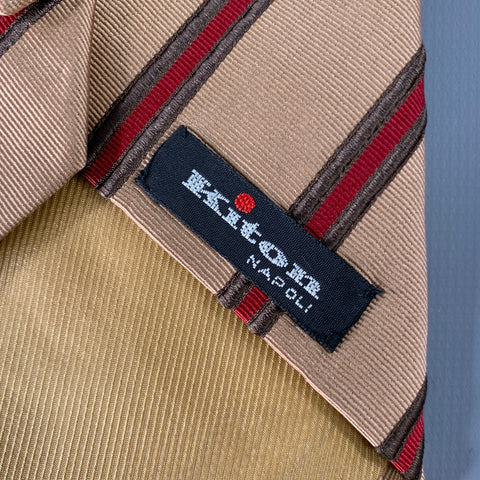 KITON Taupe Red Diagonal Stripe Silk Tie