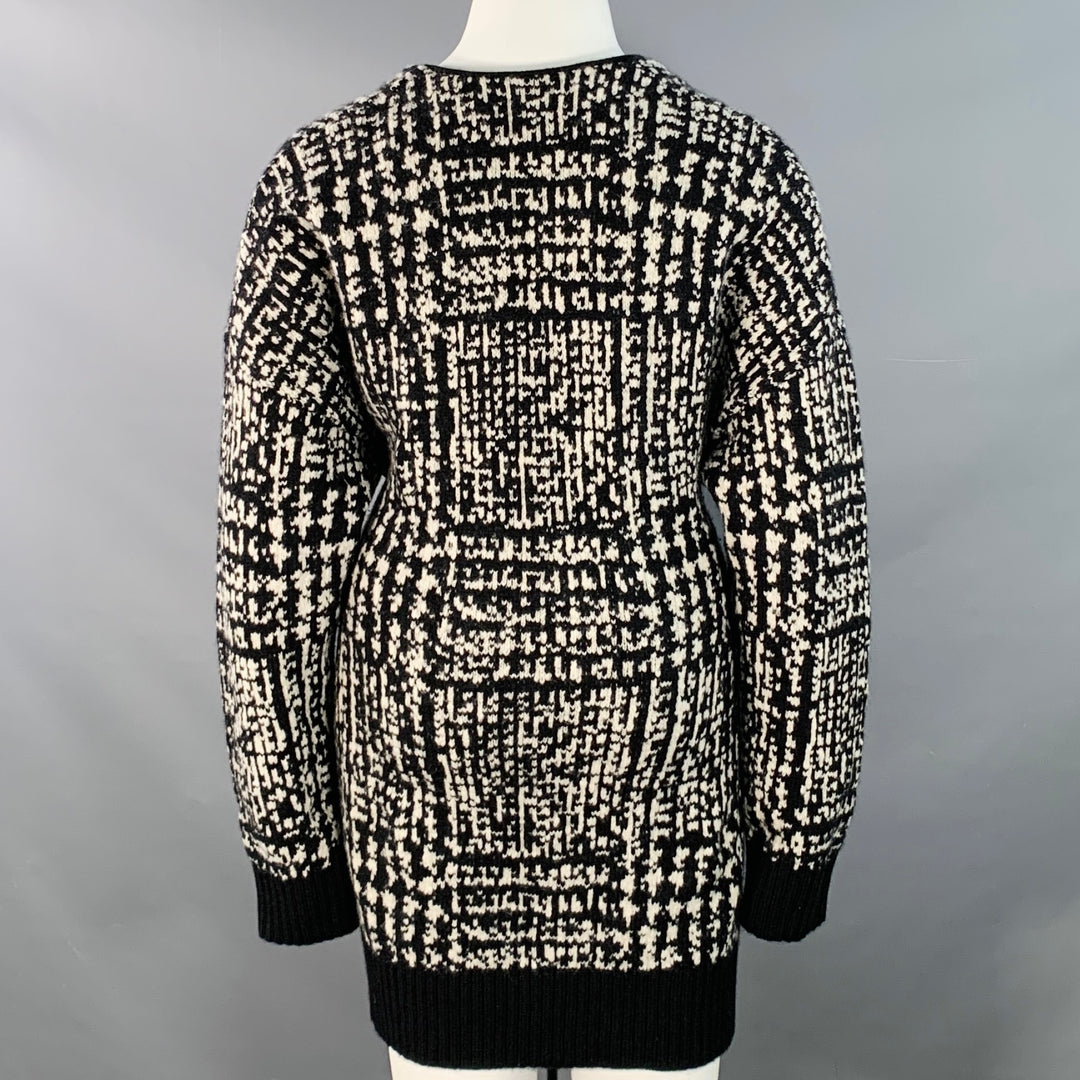 PROENZA SCHOULER Size L Black White Wool Geometric Knit V-Neck Tie Coat