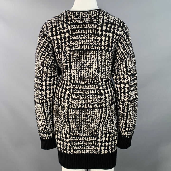 PROENZA SCHOULER Size L Black White Wool Geometric Knit V-Neck Tie Coat