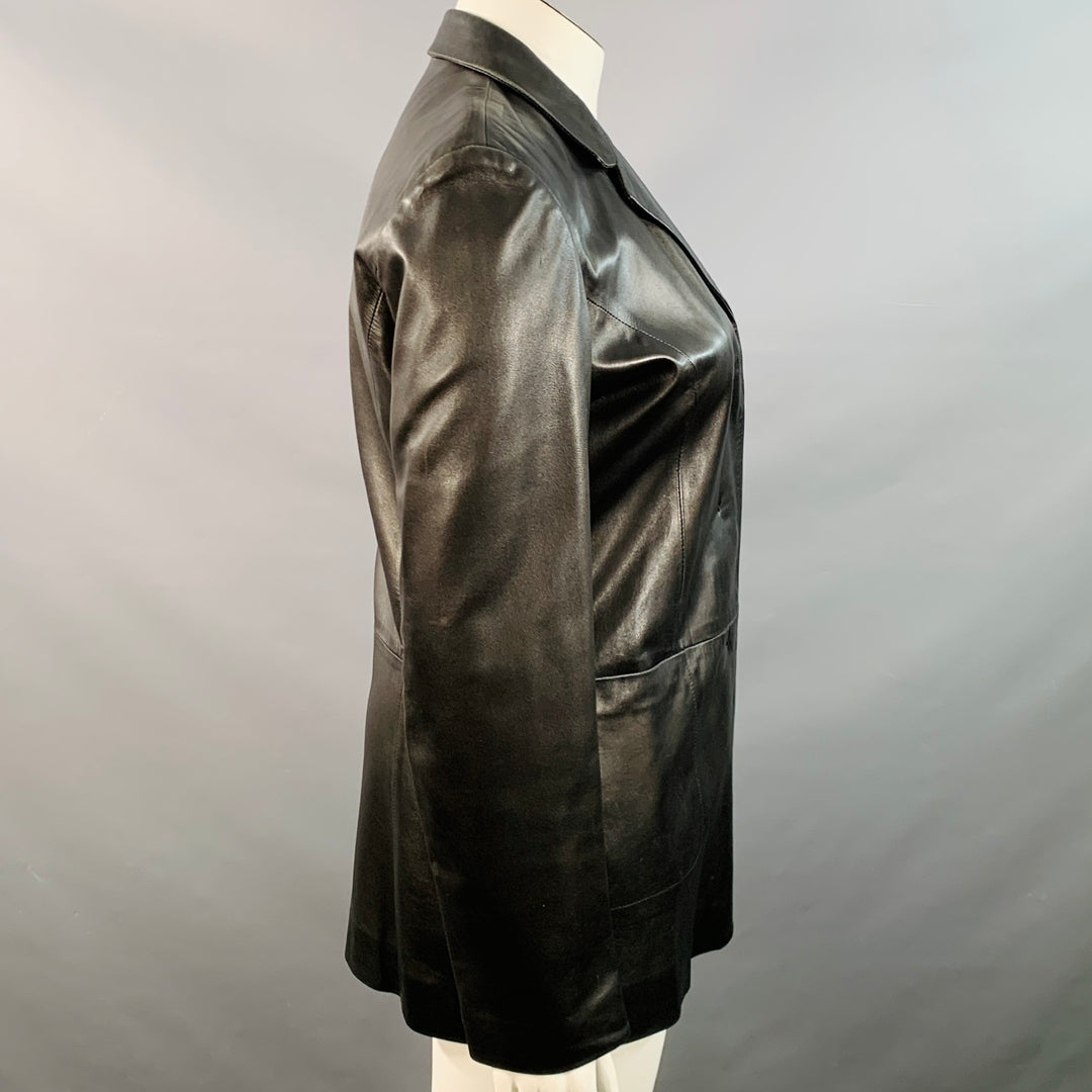 BALLY Size 12 Black Leather Hidden Buttons Jacket Blazer