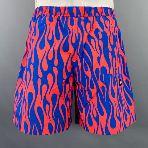 DOUBLE RAINBOUU Size L Orange Blue Flames Polyester Drawstring Swim Trunks