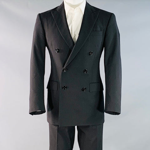 RALPH LAUREN Size 38 Regular Black Pinstripe Wool Double Breasted Peak Lapel Suit