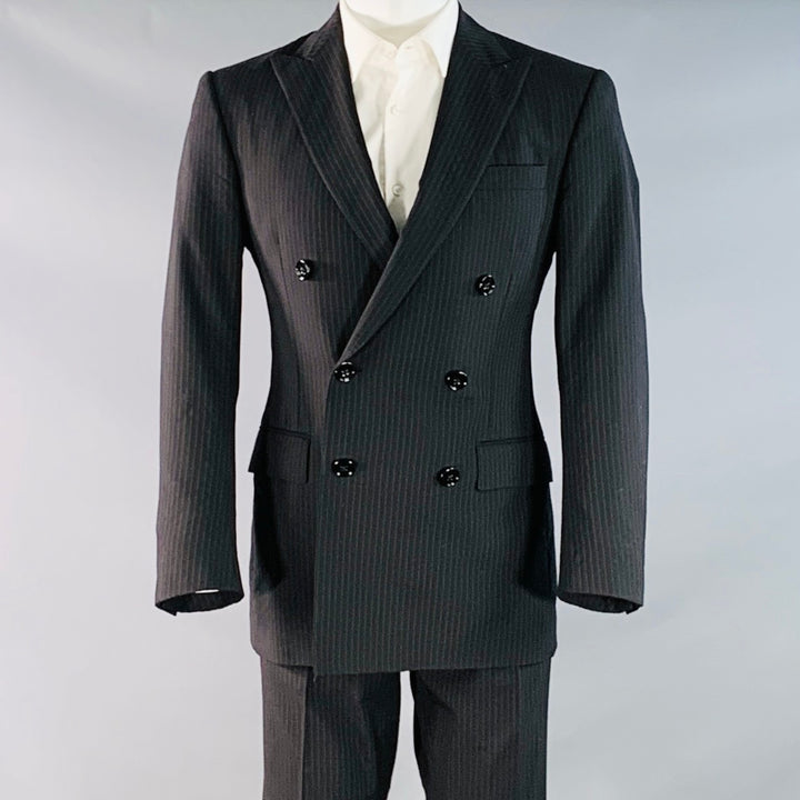 RALPH LAUREN Size 38 Regular Black Pinstripe Wool Double Breasted Peak Lapel Suit