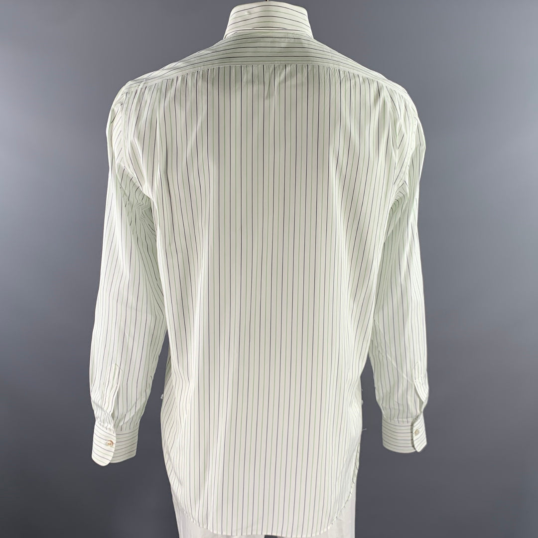 KITON Size L White Green Navy Pinstripe Cotton Long Sleeve Shirt