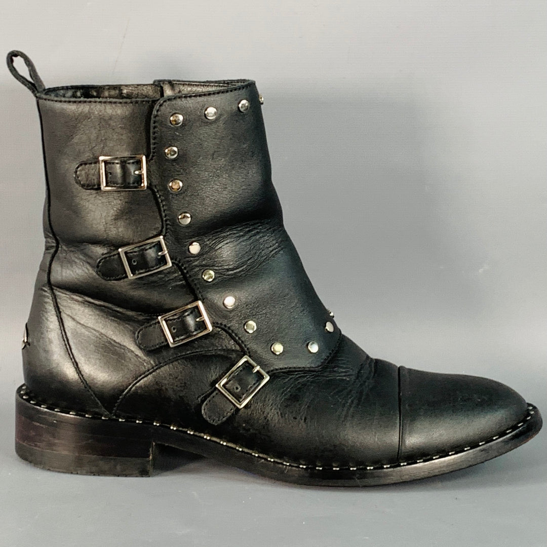 JIMMY CHOO Size 7.5 Black Leather Studded Belted Side Zipper Ankle Boots