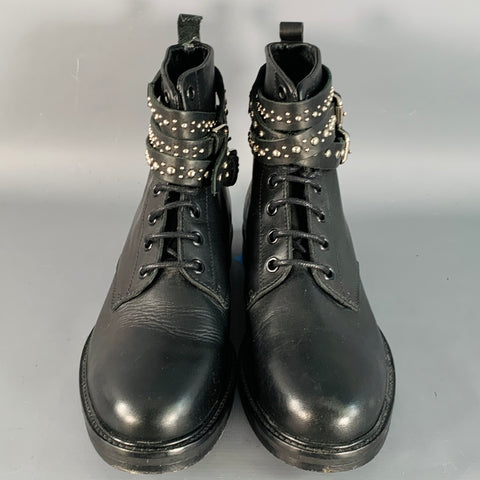 MAJE Size 7 Black Studded Leather Wrap Around Lace-Up Ankle Boots