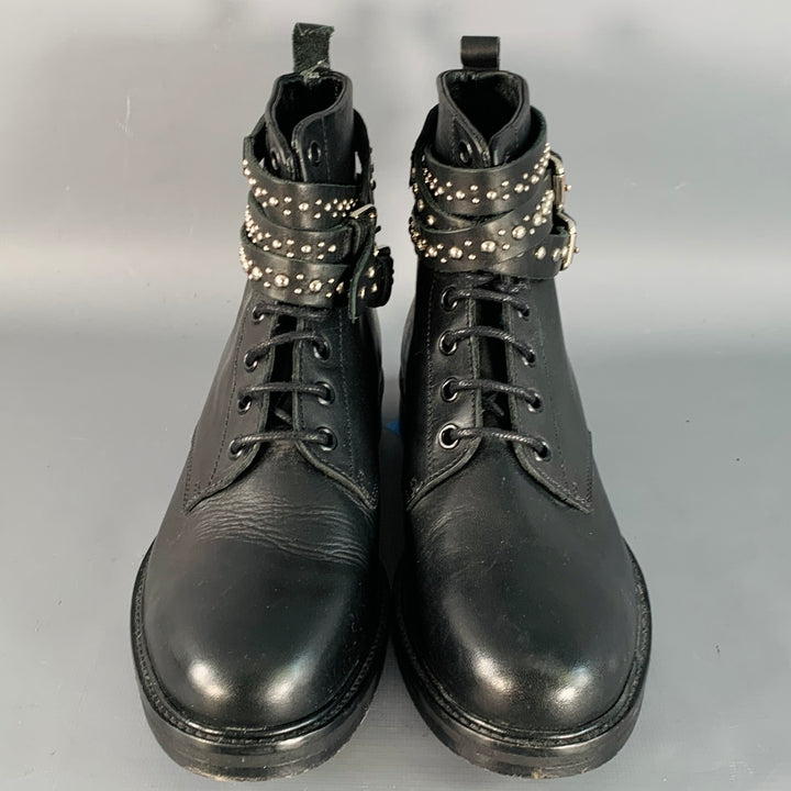 MAJE Size 7 Black Studded Leather Wrap Around Lace-Up Ankle Boots