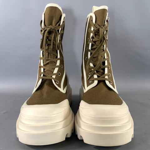 BOTTEGA VENETA Size 13.5 Green Cream Canvas Ankle Boots