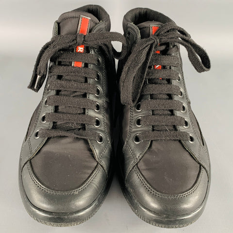 PRADA Size 7 Black Mixed Fabrics Nylon Leather Lace-Up Sneakers