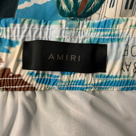 AMIRI SS23 CALIFORNIA HAWAIIAN Size 36 Blue Graphic Polyester Blend Drawstring Swim Trunks