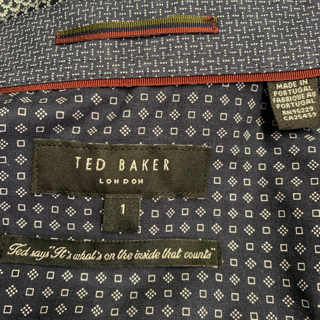 TED BAKER Size XS Chemise Navy White Abstract Cotton Spread Collar Long Sleeve Shirt