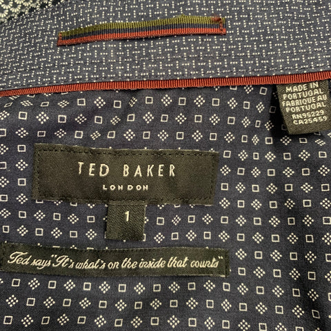 TED BAKER Size XS Chemise Navy White Abstract Cotton Spread Collar Long Sleeve Shirt