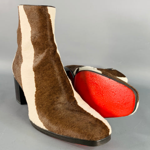 CHRISTIAN LOUBOUTIN Size 9 Brown Cream Calf Hair Zebra Side Zipper Stacked Heel Boots