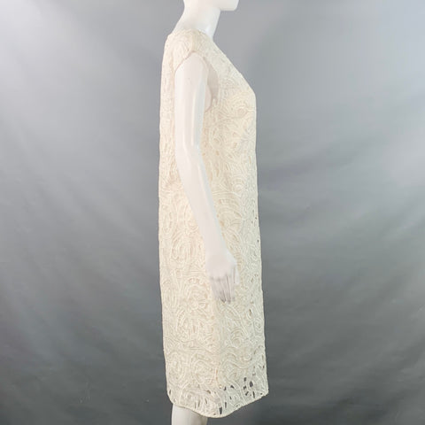 Robe droite sans manches en soie et dentelle écrue à col bateau, taille 6, ESCADA