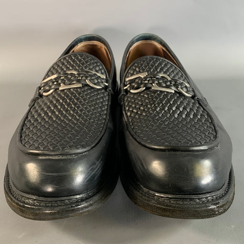 SALVATORE FERRAGAMO Size 12 Black Silver Woven Leather Penny Loafers