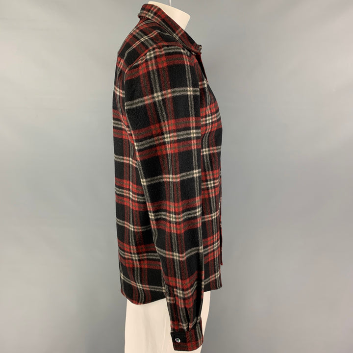 A.P.C. Size XL Black Red White Plaid Wool Nylon Button Up Long Sleeve Shirt