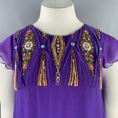 MATTHEW WILLIAMSON Size 10 Purple Gold Silk Embroidered Sleeveless Dress