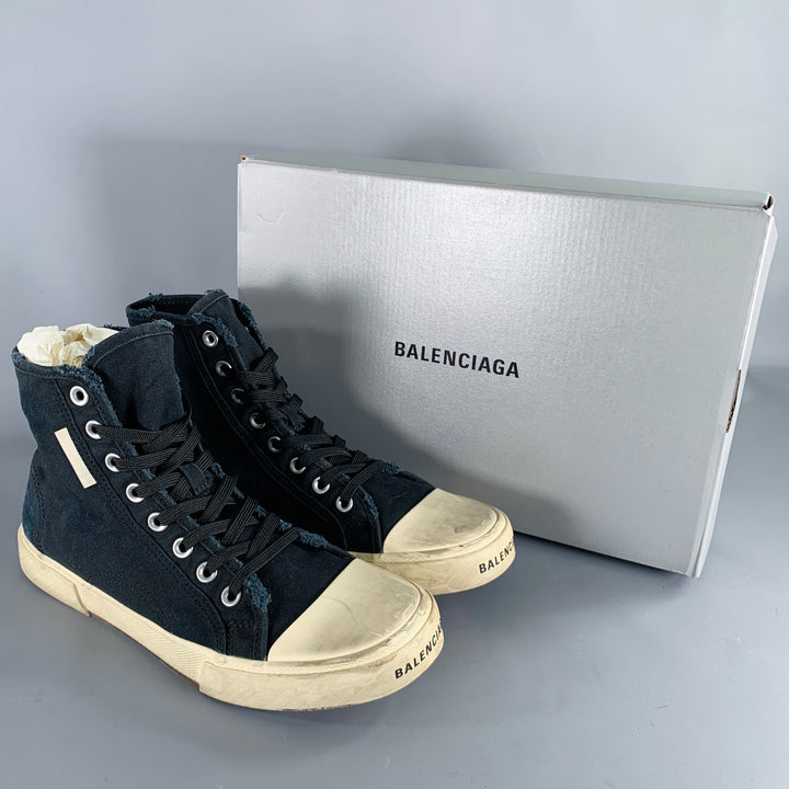 BALENCIAGA Size 9 -Paris High Top- Black White Distressed Canvas Sneakers