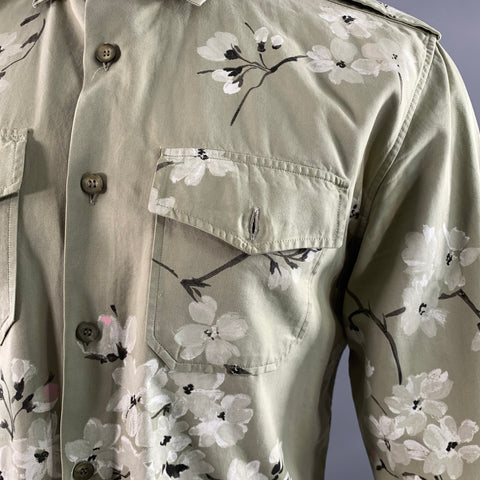 GUCCI Size M Green White & Black Hand Painted Cotton Patch Pockets Jacket