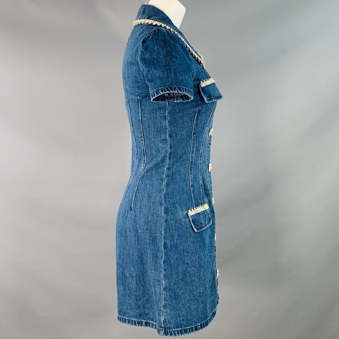 SELF-PORTRAIT Size 4 Blue Silver Denim Twill Rhinestone Trim Mini Dress