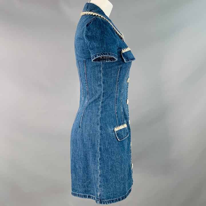 SELF-PORTRAIT Size 4 Blue Silver Denim Twill Rhinestone Trim Mini Dress