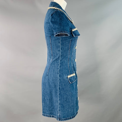 SELF-PORTRAIT Size 4 Blue Silver Denim Twill Rhinestone Trim Mini Dress