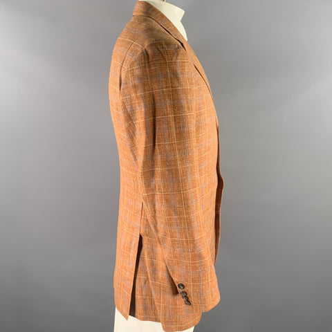 ISAIA Size 46 Orange Blue Camel Plaid Wool Blend Notch Lapel Sport Coat