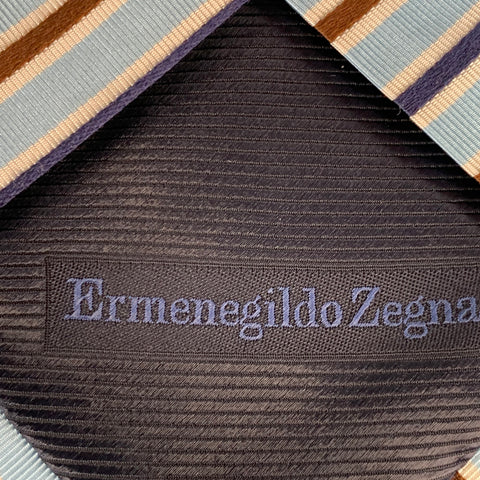 ERMENEGILDO ZEGNA Blue Brown White Diagonal Stripe Silk Cotton Twill Tie