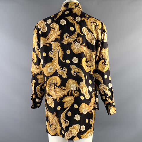 BILLIONAIRE COUTURE Size M Black Yellow Paisley Silk Button Up Long Sleeve Shirt