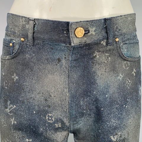 LOUIS VUITTON SS20 Size 36 Virgil Abloh Blue Indigo Monogram Cotton Baggy Distressed Jeans