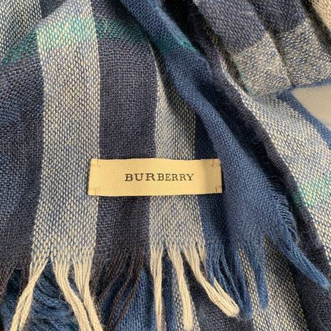 BURBERRY Blue Grey Plaid Cotton Scarves