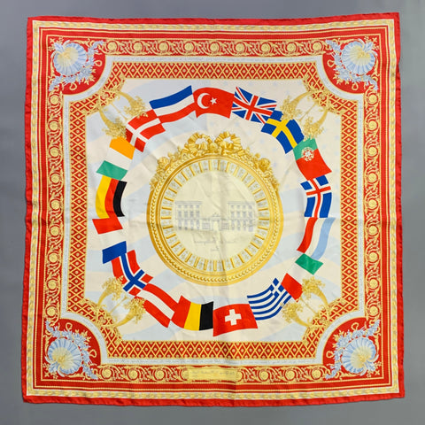 L.R. PARIS 2002 Red Multi-Color Flags Silk Scarf