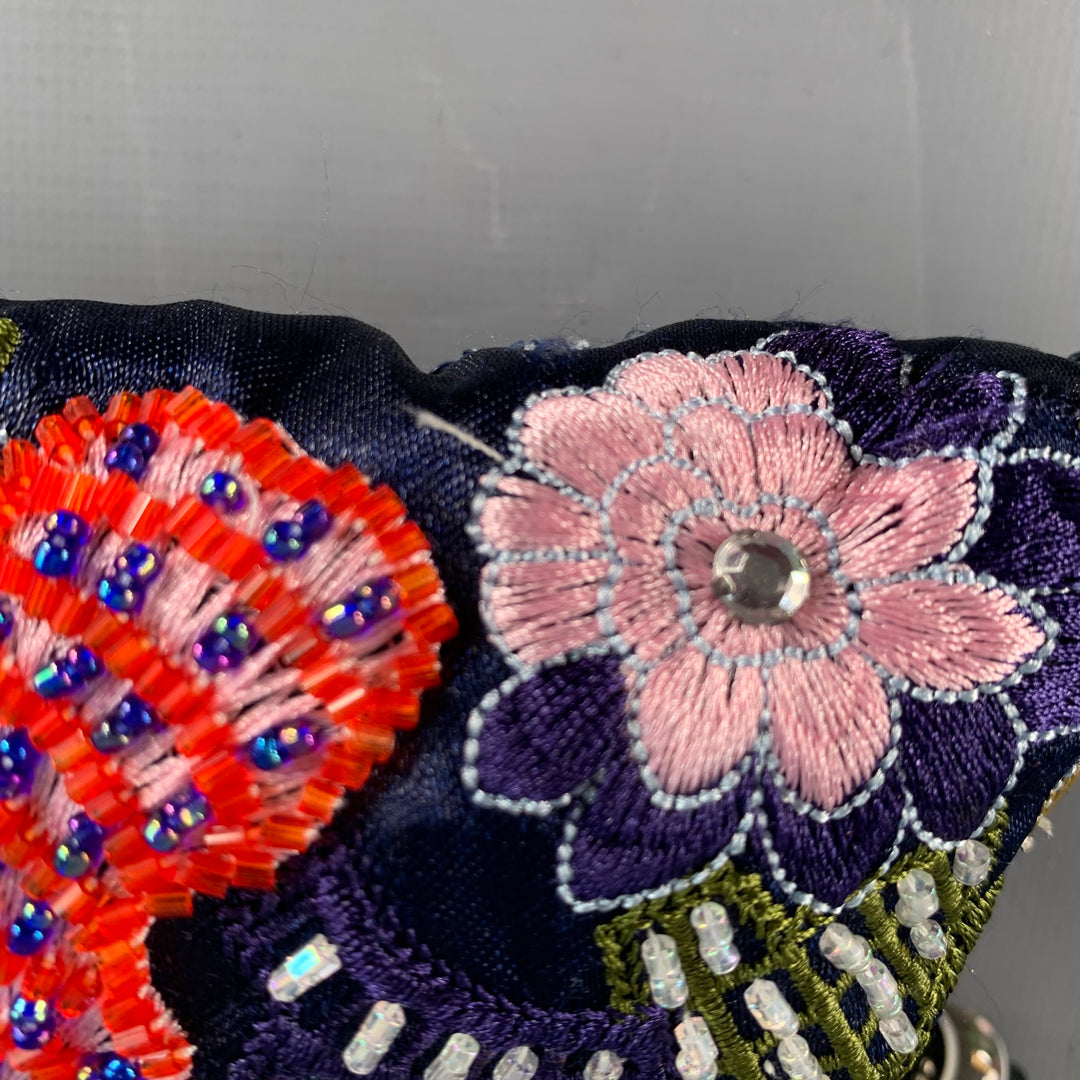 VINTAGE Navy Pink Beaded Sequined Floral Satin Clutch Handbag