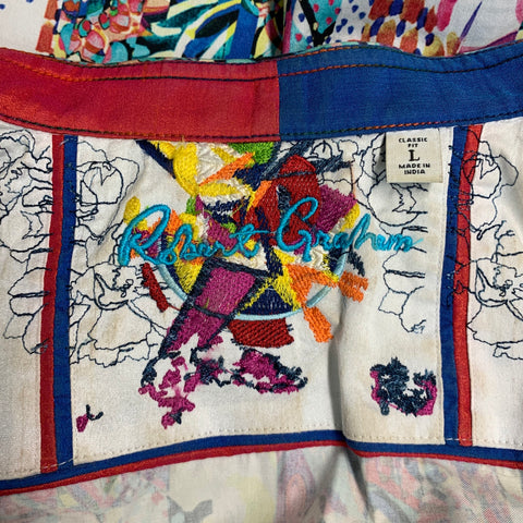 ROBERT GRAHAM Size L Multi Color Print Cotton Button Up Short Sleeve Shirt