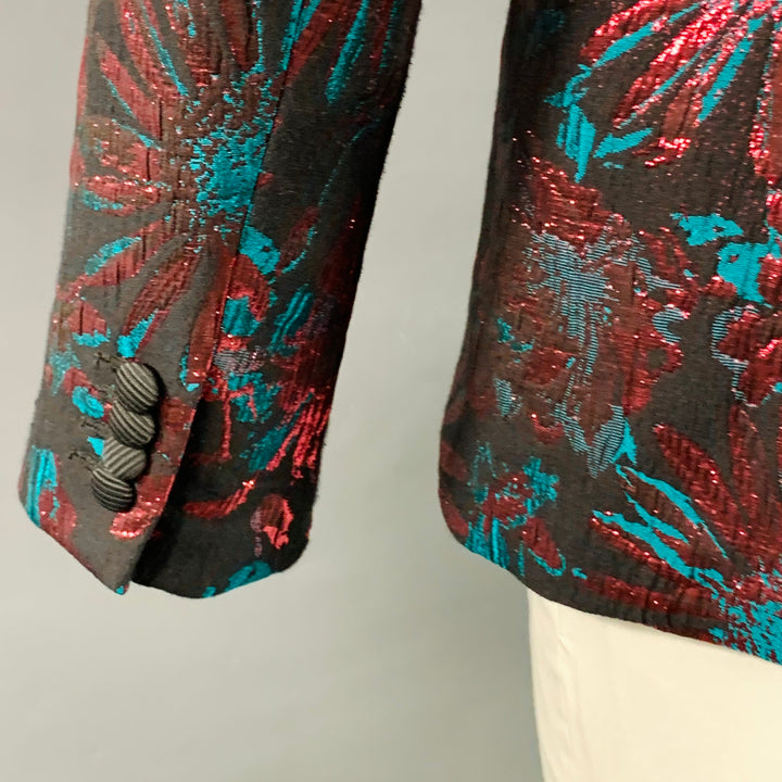 MR TURK Size 42 Black Pink Green Floral Jacquard Polyester Blend Sport Coat
