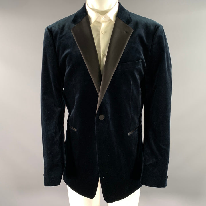 THEORY Size 46 Navy Teal Cotton Blend Tuxedo Jacket