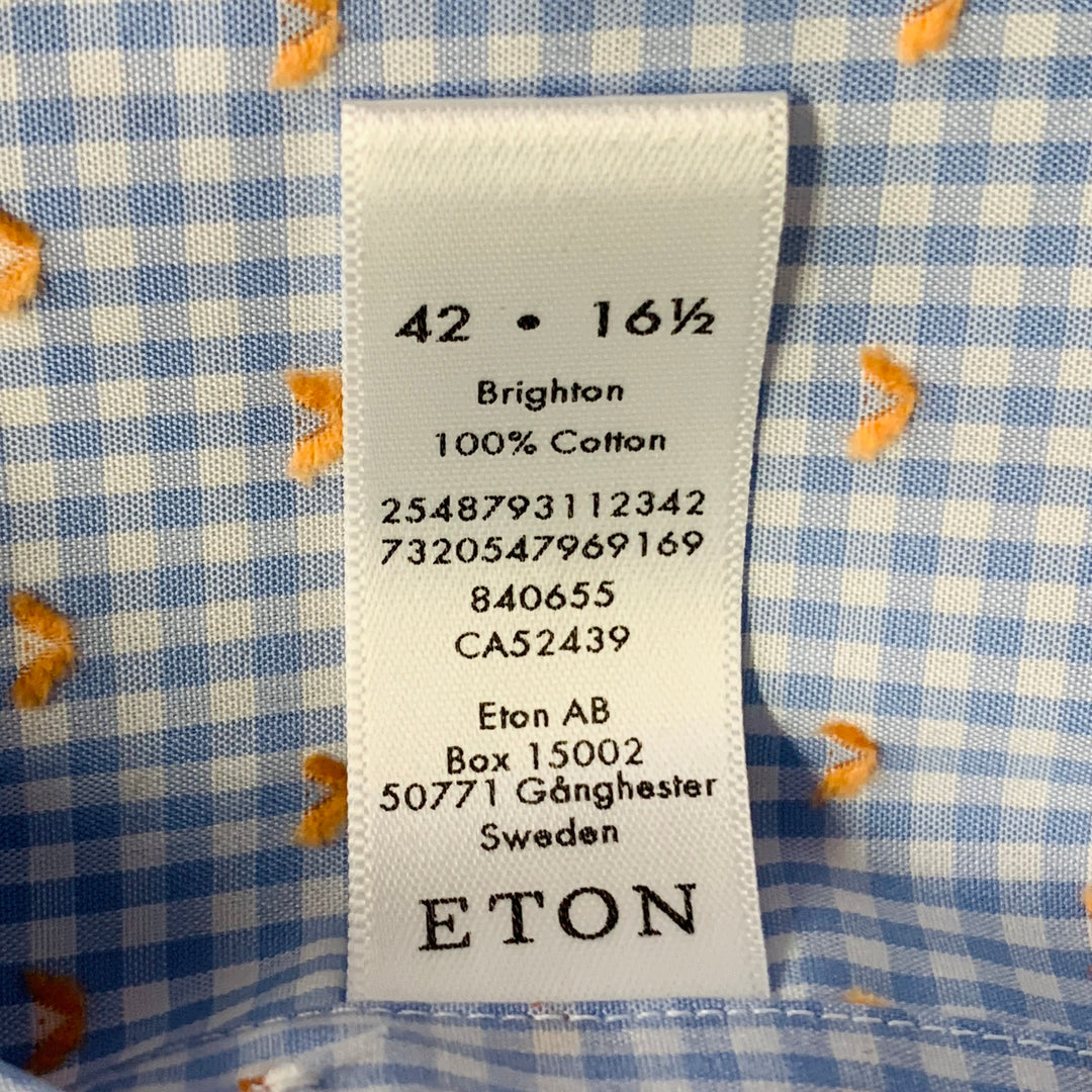 ETON Size L Blue White Orange Gingham Cotton Curved Cutaway Long Sleeve Shirt