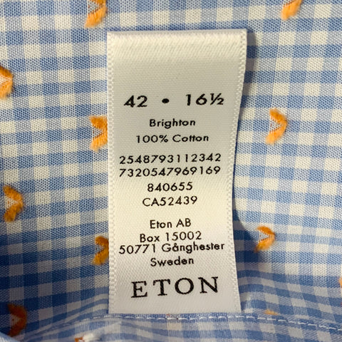 ETON Size L Blue White Orange Gingham Cotton Curved Cutaway Long Sleeve Shirt