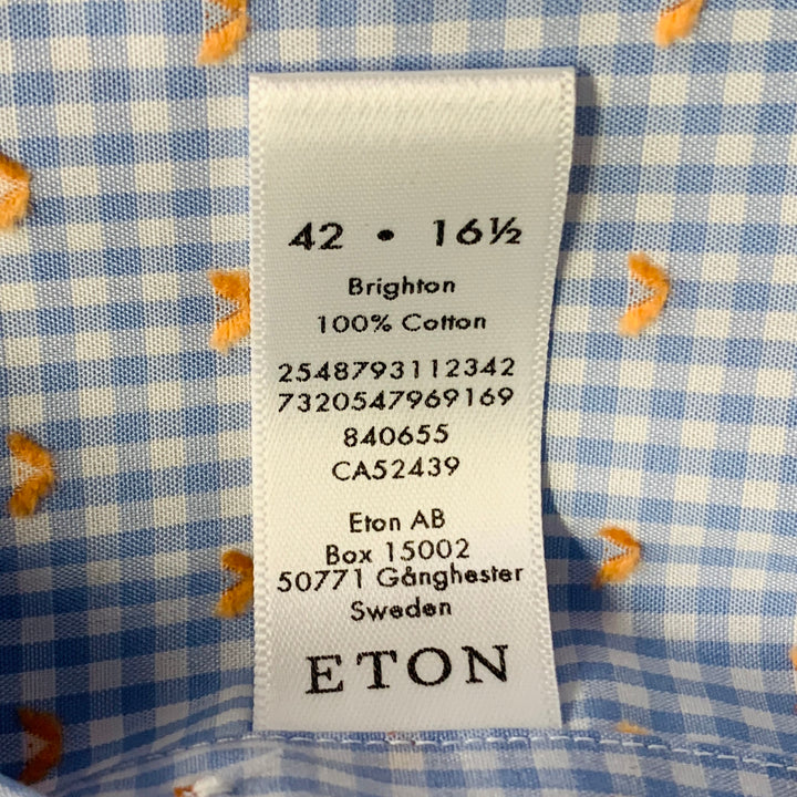ETON Size L Blue White Orange Gingham Cotton Curved Cutaway Long Sleeve Shirt
