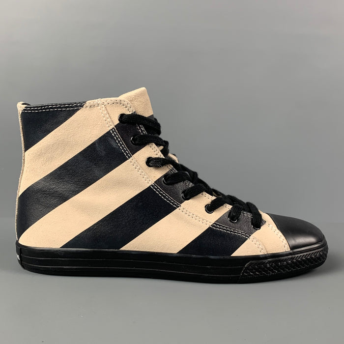 CALVIN KLEIN 205W39NYC Carizma Size 8 Black Beige Stripe Leather High Top Sneakers