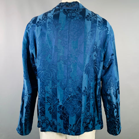 HAIDER ACKERMANN Size XL Blue Jacquard Linen Silk Floral One Pocket Long Sleeve Shirt