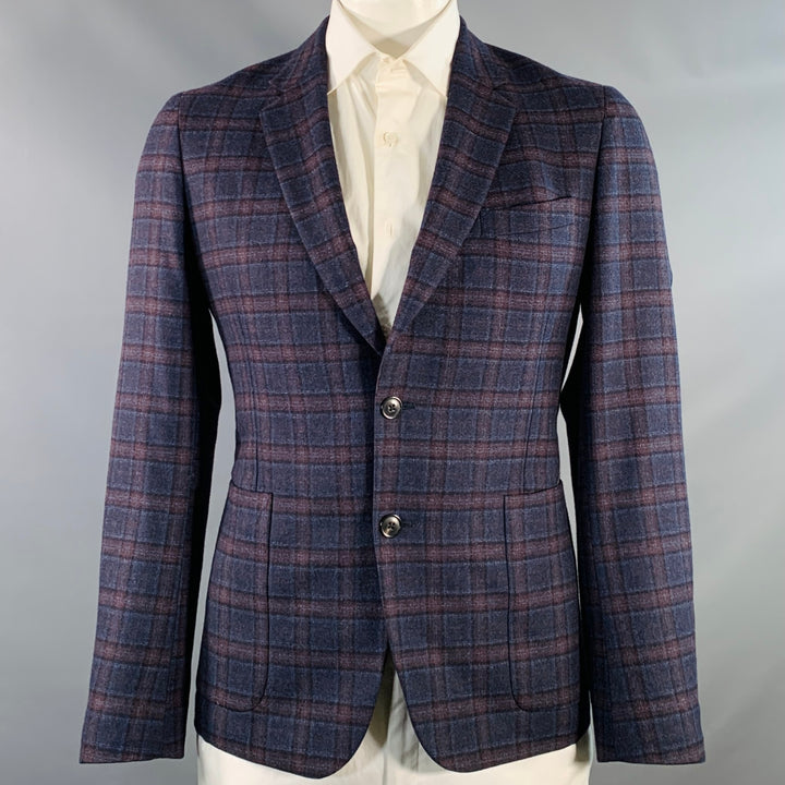 PAUL SMITH Size 42 Regular Navy Brown Plaid Wool Slim Fit Notch Lapel Sport Coat