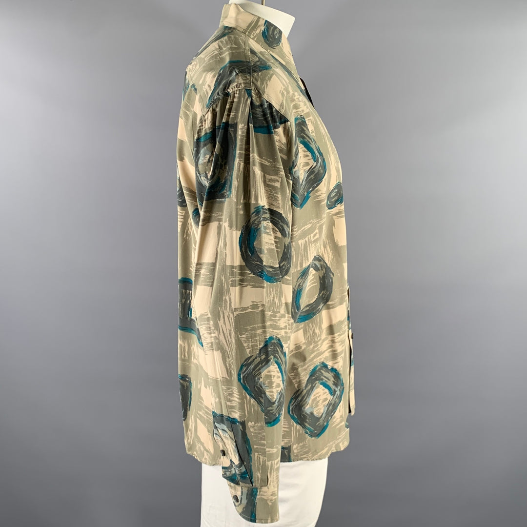 PERRY ELLIS Size L Green Olive Abstract Silk Pointed Collar Long Sleeve Shirt