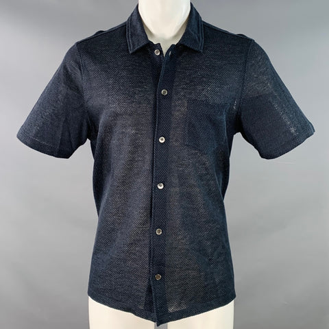 TODD SNYDER Size M Navy Woven Mesh Linen One Pocket Short Sleeve Shirt